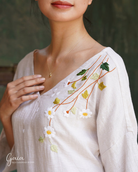 Loose linen dress with hand embroidery