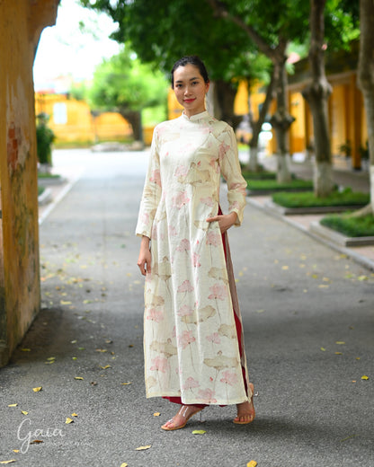 Lotus print linen Vietnamese long dress traditional