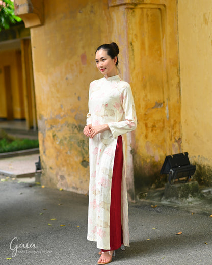 Lotus print linen Vietnamese long dress traditional