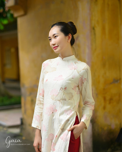 Lotus print linen Vietnamese long dress traditional