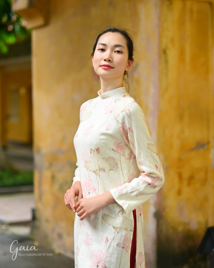 Lotus print linen Vietnamese long dress traditional