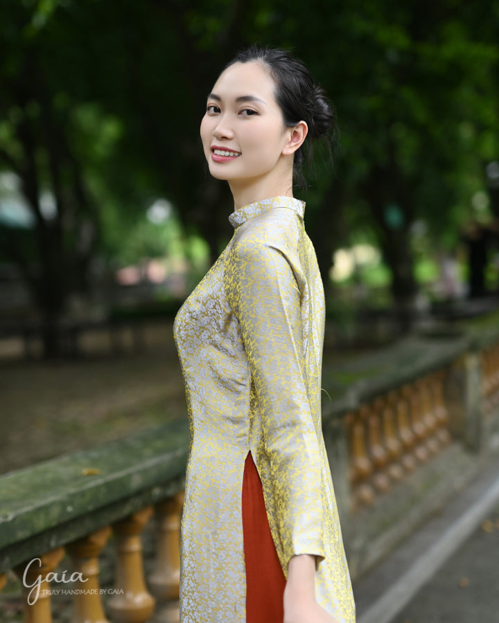 Mulberry gold silk Ao Dai tunic dress Set Ao Dai & Pants Mulberry gold silk Ao Dai tunic dress Set Ao Dai & Pants