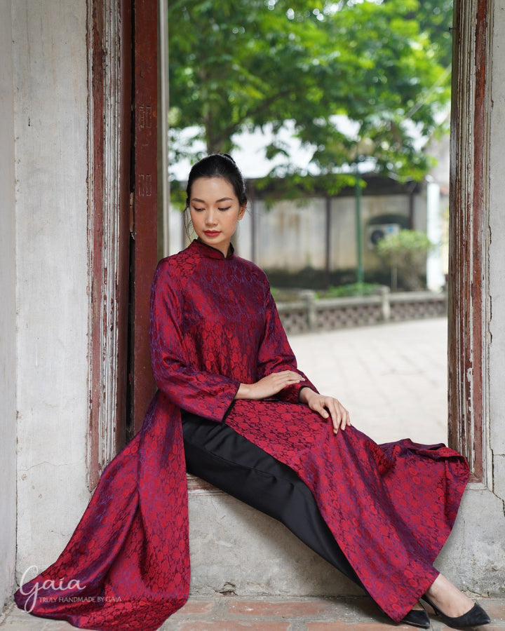 Black Ao Dai Vietnamese Embroidered Lua Tay Thy Long Dress with Red Pants