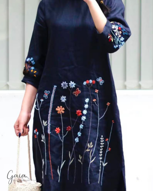 Navy linen dress with handmade embroidery