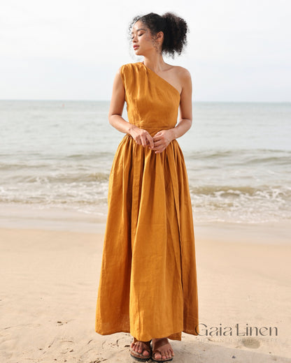 One sleeve maxi linen dress