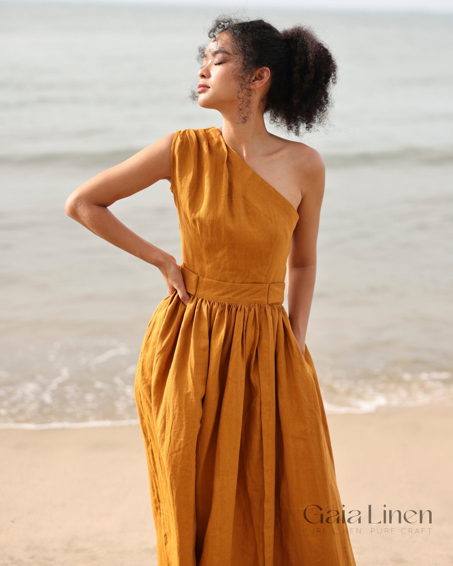 One sleeve maxi linen dress