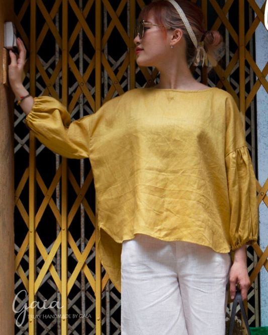 Puff sleeve linen blouse long sleeve 