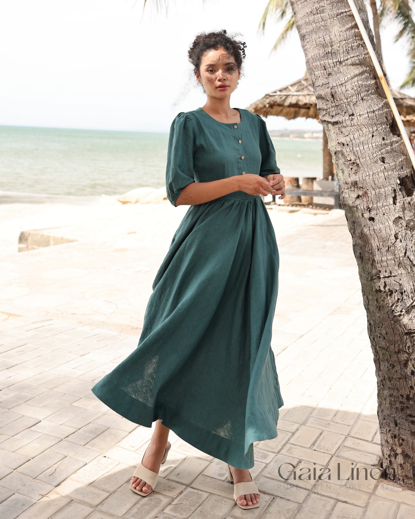 Puff sleeve linen dress