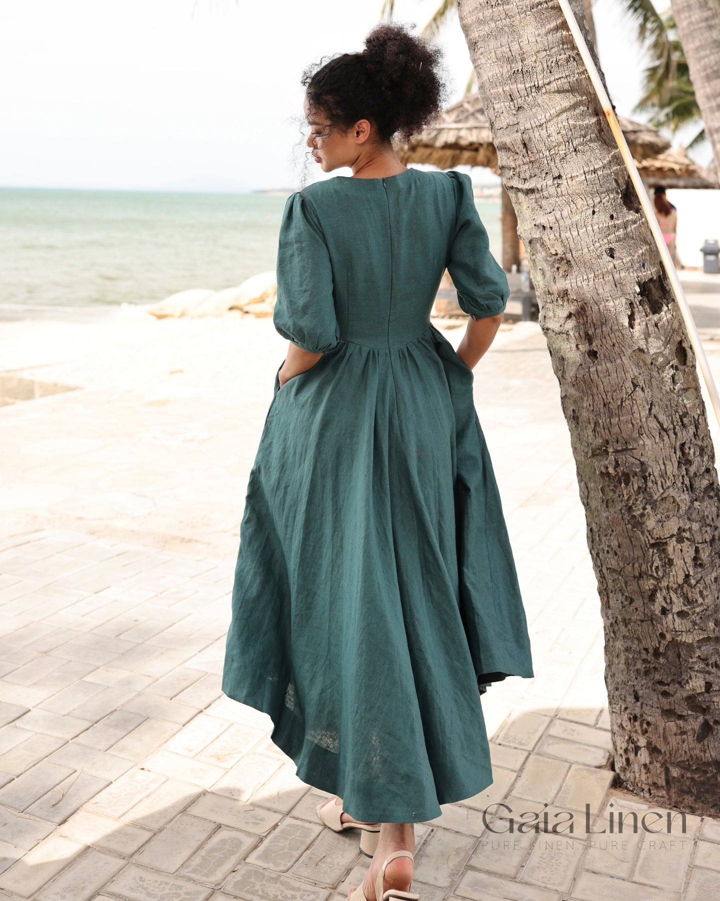 Puff sleeve linen dress