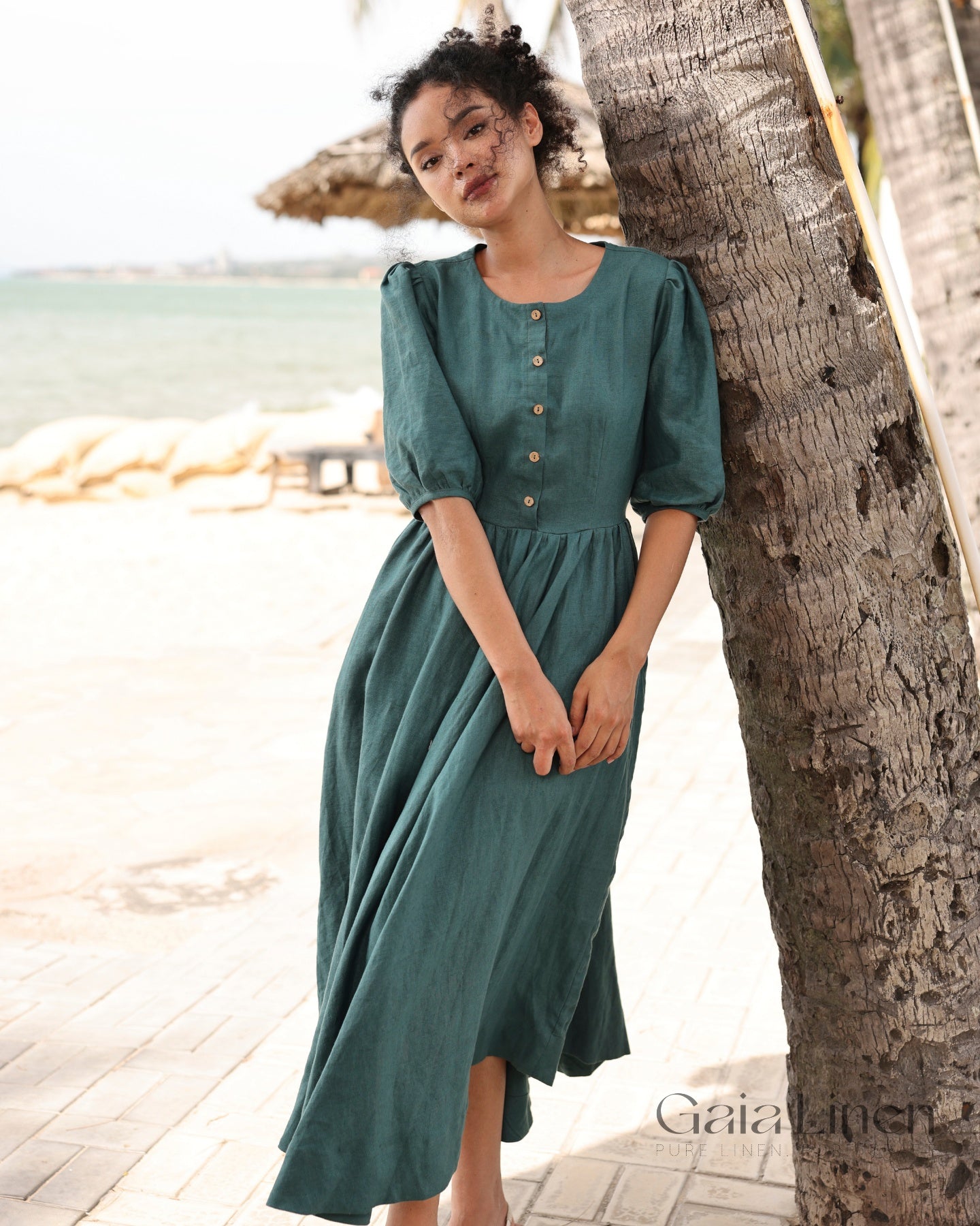 Puff sleeve linen dress