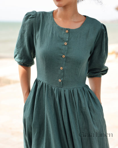 Puff sleeve linen dress