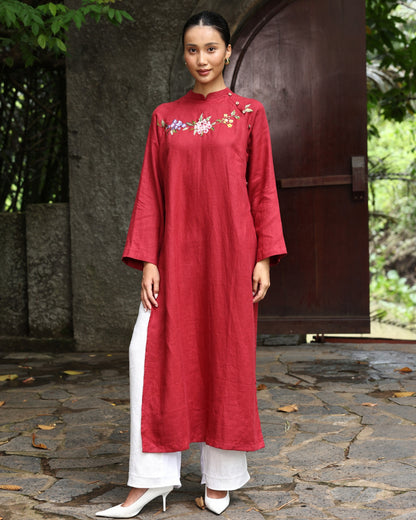 Red hand-embroidered linen ao dai