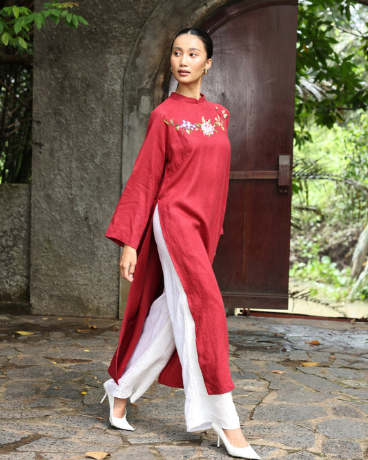 Red hand-embroidered linen ao dai