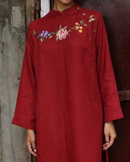 Red hand-embroidered linen ao dai