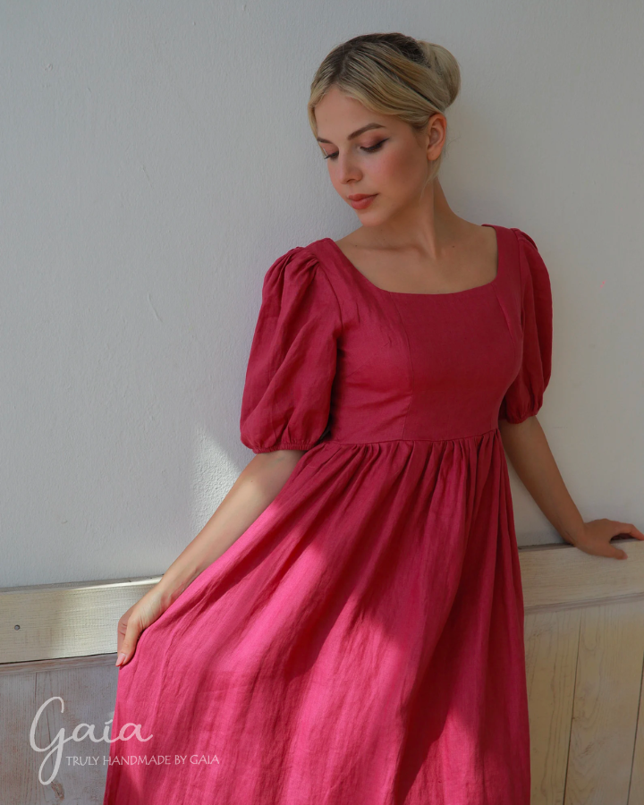 Short puff sleeve linen dress