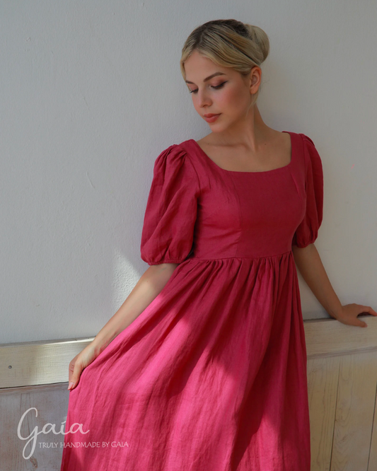 Short puff sleeve linen dress