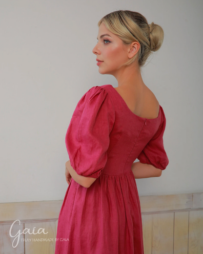 Short puff sleeve linen dress