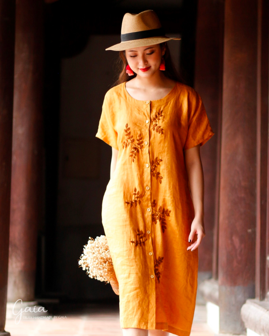 Short sleeve button down dress with handmade embroidery