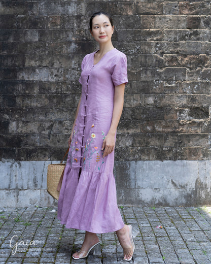 Short sleeve linen dress with handmade embroidery