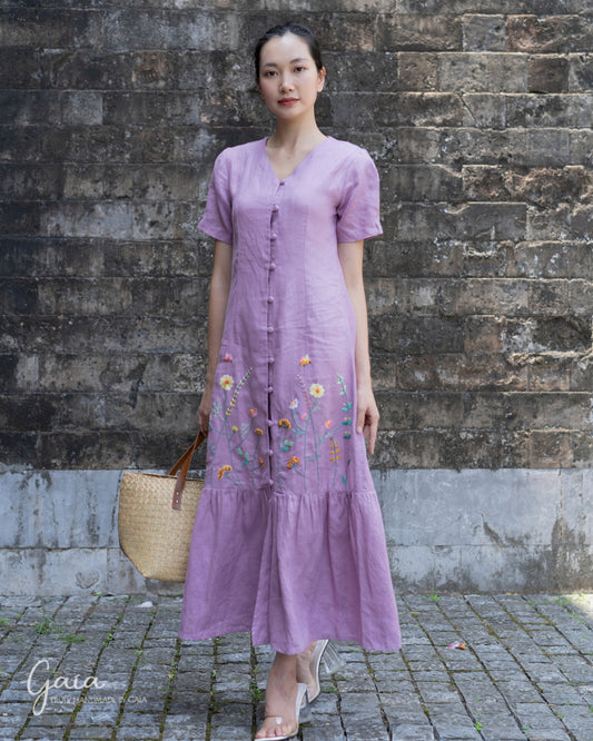 Short sleeve linen dress with handmade embroidery