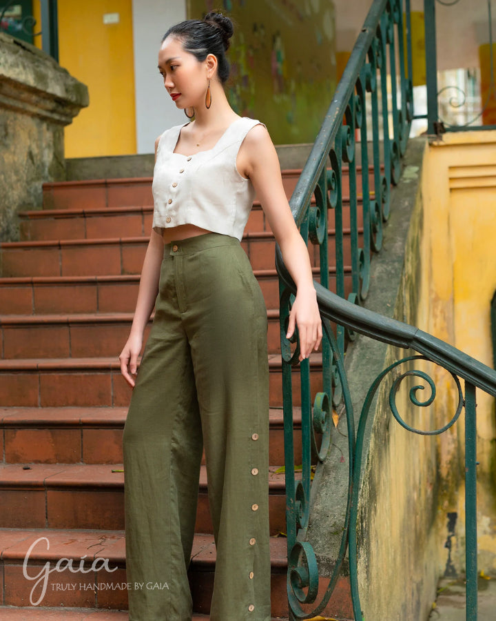 Side button linen loose pants