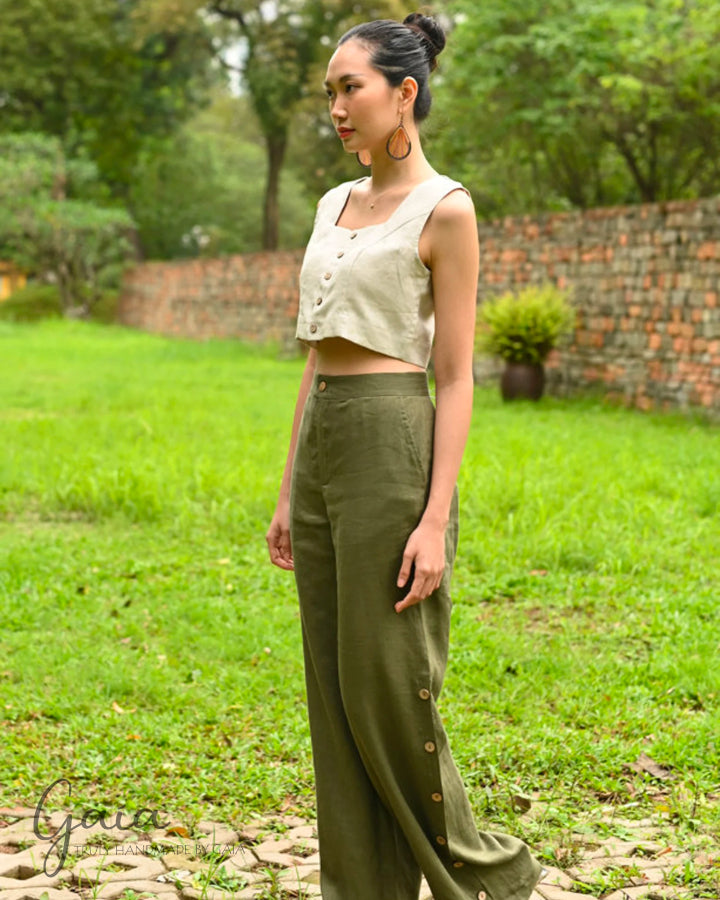 Side button linen loose pants