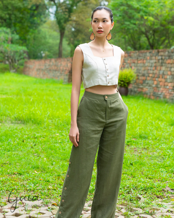 Side button linen loose pants