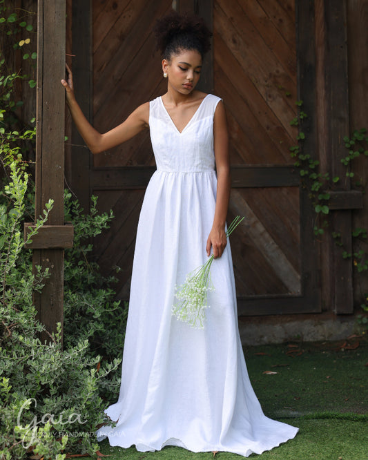 Simple white beach linen wedding dress