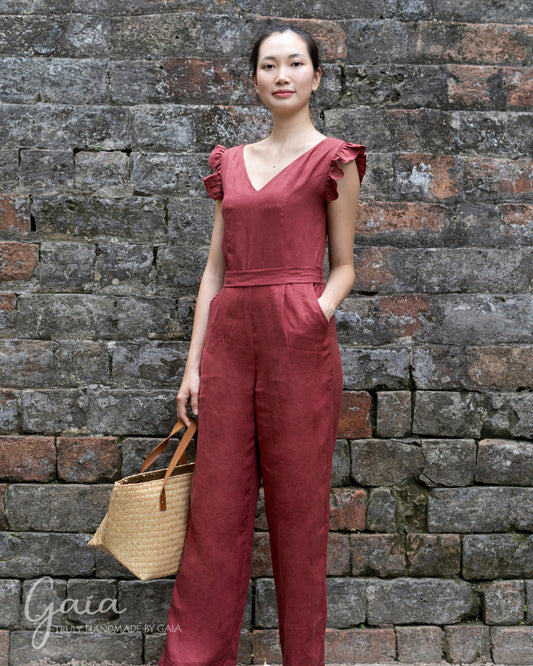 Sleeveless linen jumpsuit wide leg