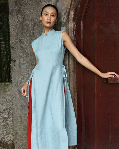 Sleeveless linen Vietnamese dress