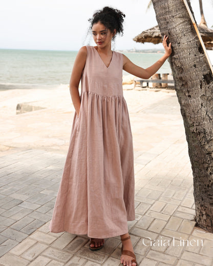 Sleeveless V-neck linen dress