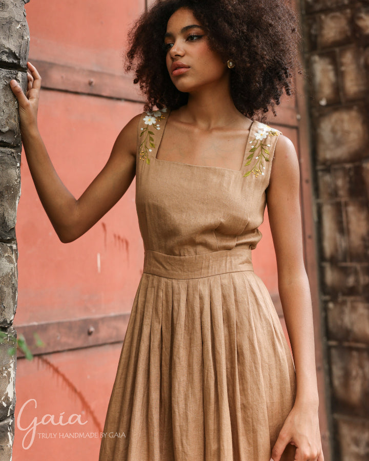 Square Neck Linen Midi Dress with Handmade Embroidery Ellie Square Neck Linen Midi Dress with Handmade Embroidery Ellie