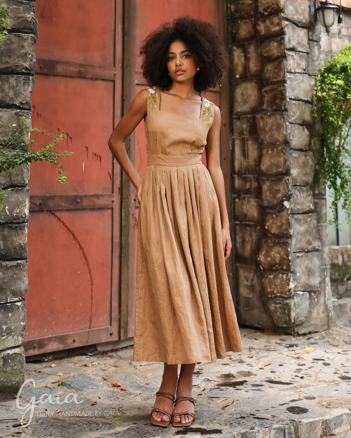 Square neck linen midi dress with handmade embroidery ELLIE Square neck linen midi dress with handmade embroidery ELLIE