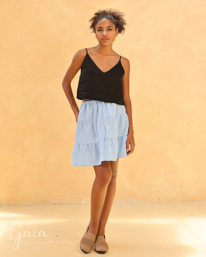 Tiered pocket linen mini skirt 