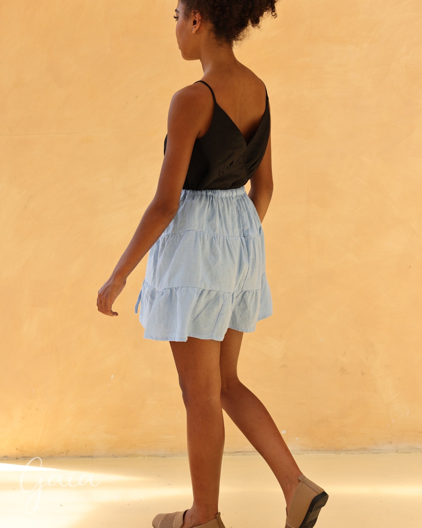 Tiered pocket linen mini skirt 