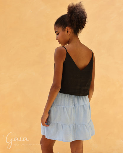 Tiered pocket linen mini skirt 