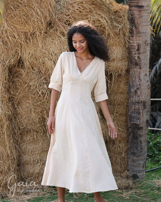 V-neck boho linen dress