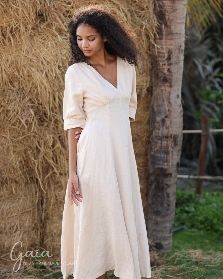 V-neck boho linen dress