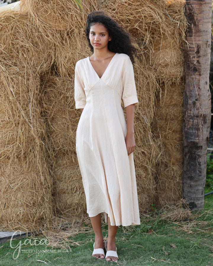 V-neck boho linen dress