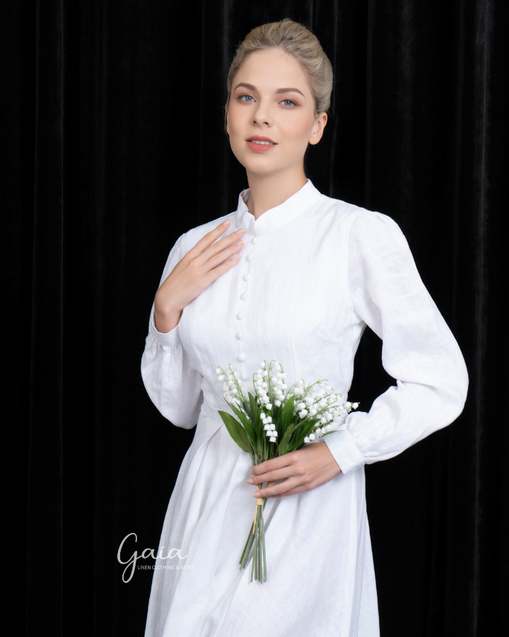White linen wedding dress