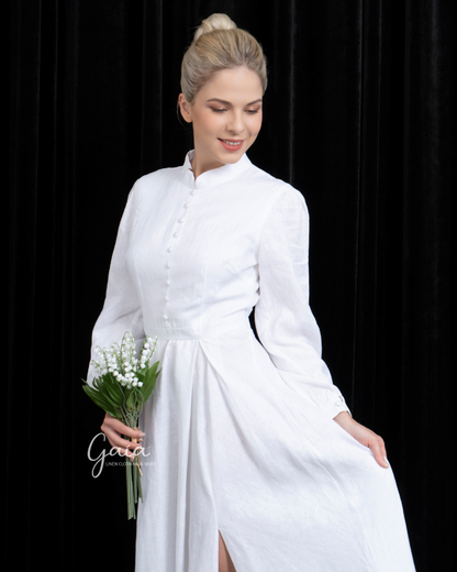 White linen wedding dress