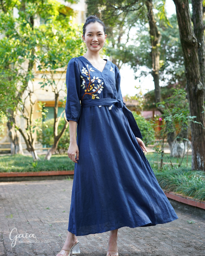 Wrap linen dress with handmade embroidery